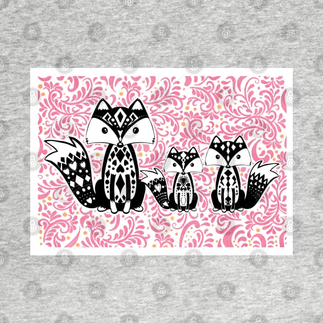 Linoprint Vixen with Cubs Floral Background by NattyDesigns